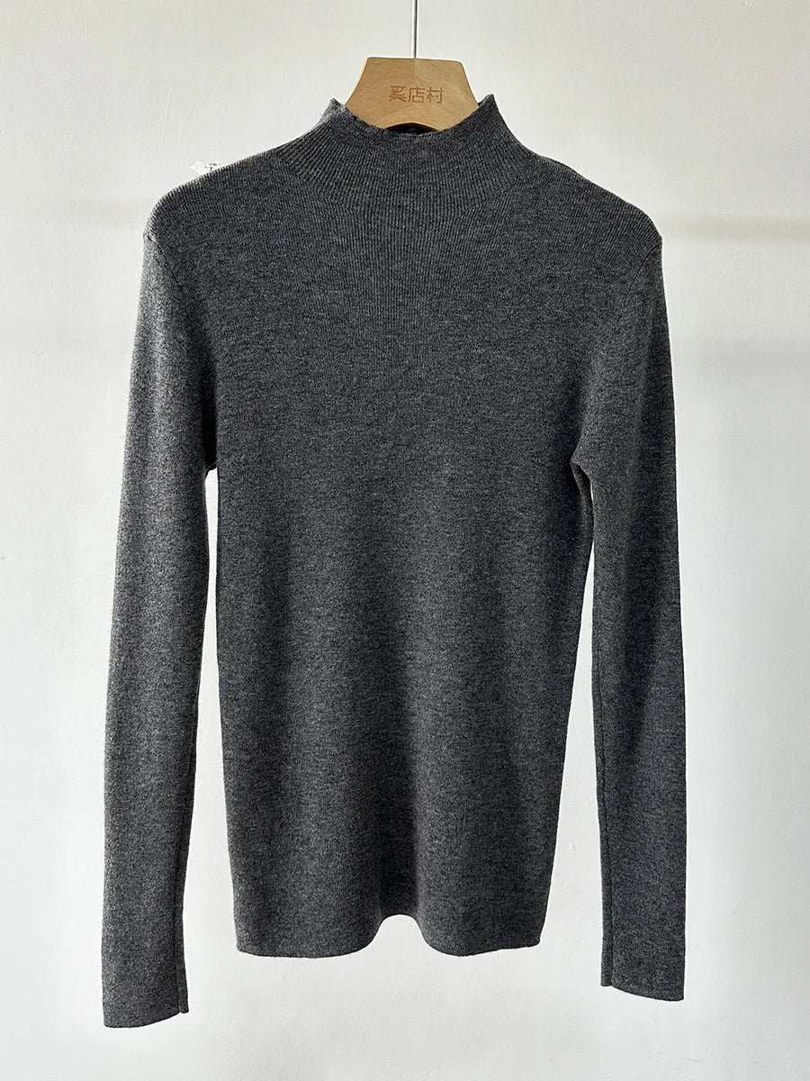 BirdTree, 100% Wool Slim Thin Sweater, Women Long Sleeve Mock Neck, Seamless Bottom High Elastic Top, 2025 Winter Fall T46985QM