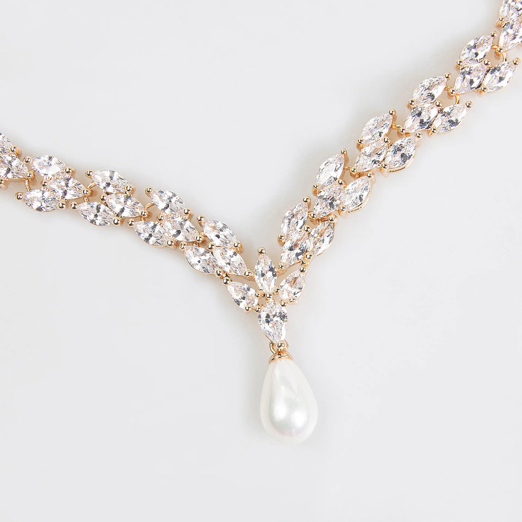 Luxury Bridal Jewelry Set For Women Zirconia Pearl Pendant Necklace Earring Set For Wedding Party Bride Necklace Set Accessories