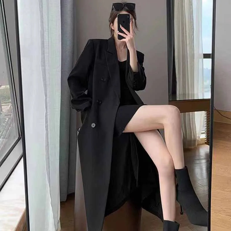 Lucyever Korean Style Chic Office Lady Long Blazers Elegant Double Breasted Blazer Jacket Women Fashion Streetwear Trench Coat