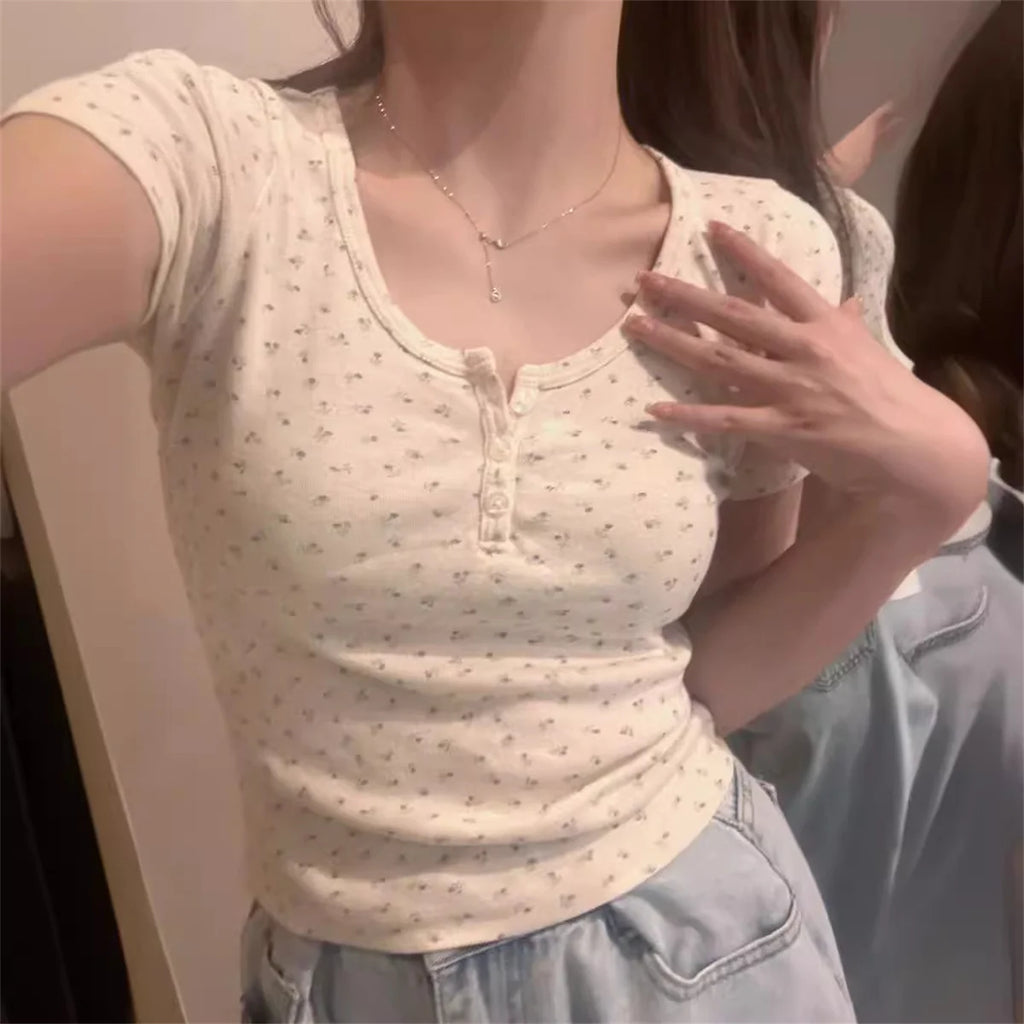 Y2k Short Sleeve Sexy U Collar Floral Print Lace Slim T-shirt 2025 Summer Women Clothing Floral Slim Shirt Button T-shirt Top