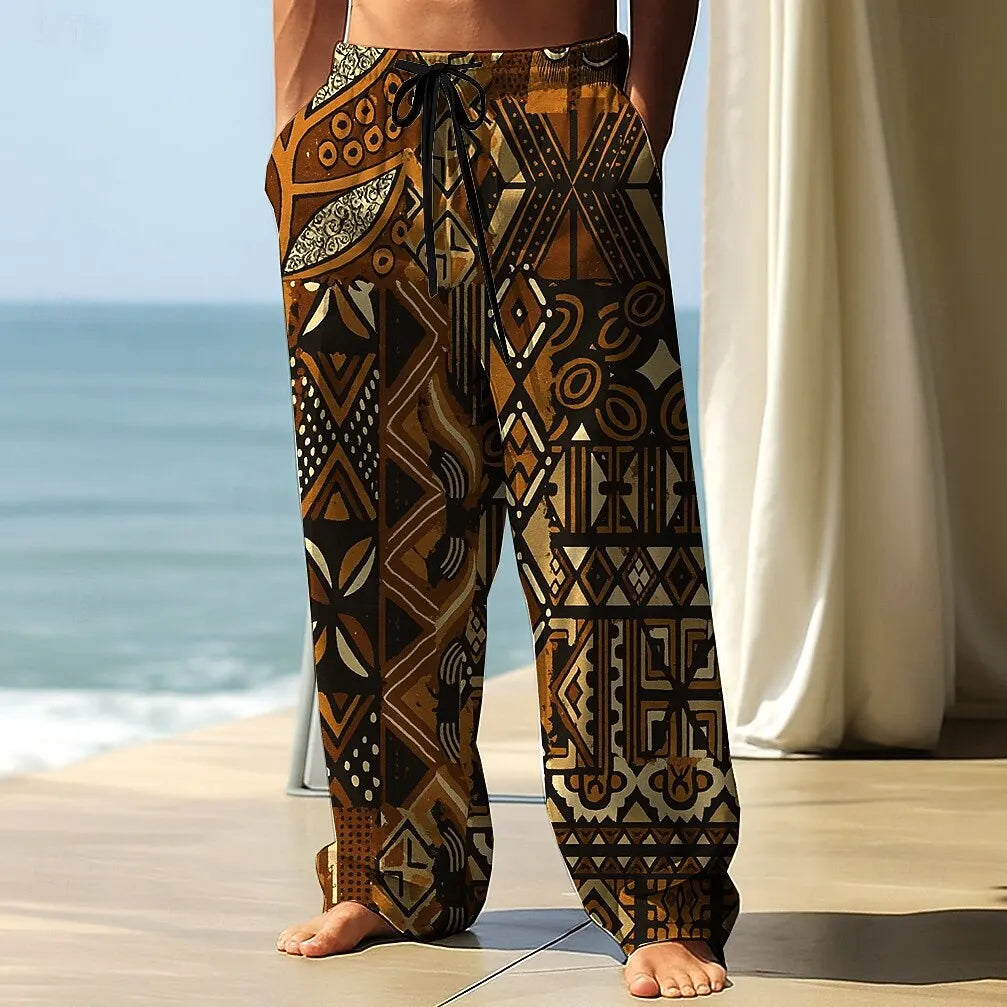 2025 Fall Men's Geometric Ethnic Pants Trousers Mid Waist Drawstring Elastic Waist Casual Outdoor Wide-leg Trousers For Mens