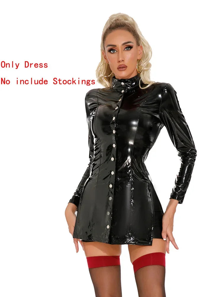 PU Faux Leather Women's Dress Shiny Oil Glossy Tight OL Dress Female Elastic High Cut Long Sleeve Sexy Showgirls Costume Dress