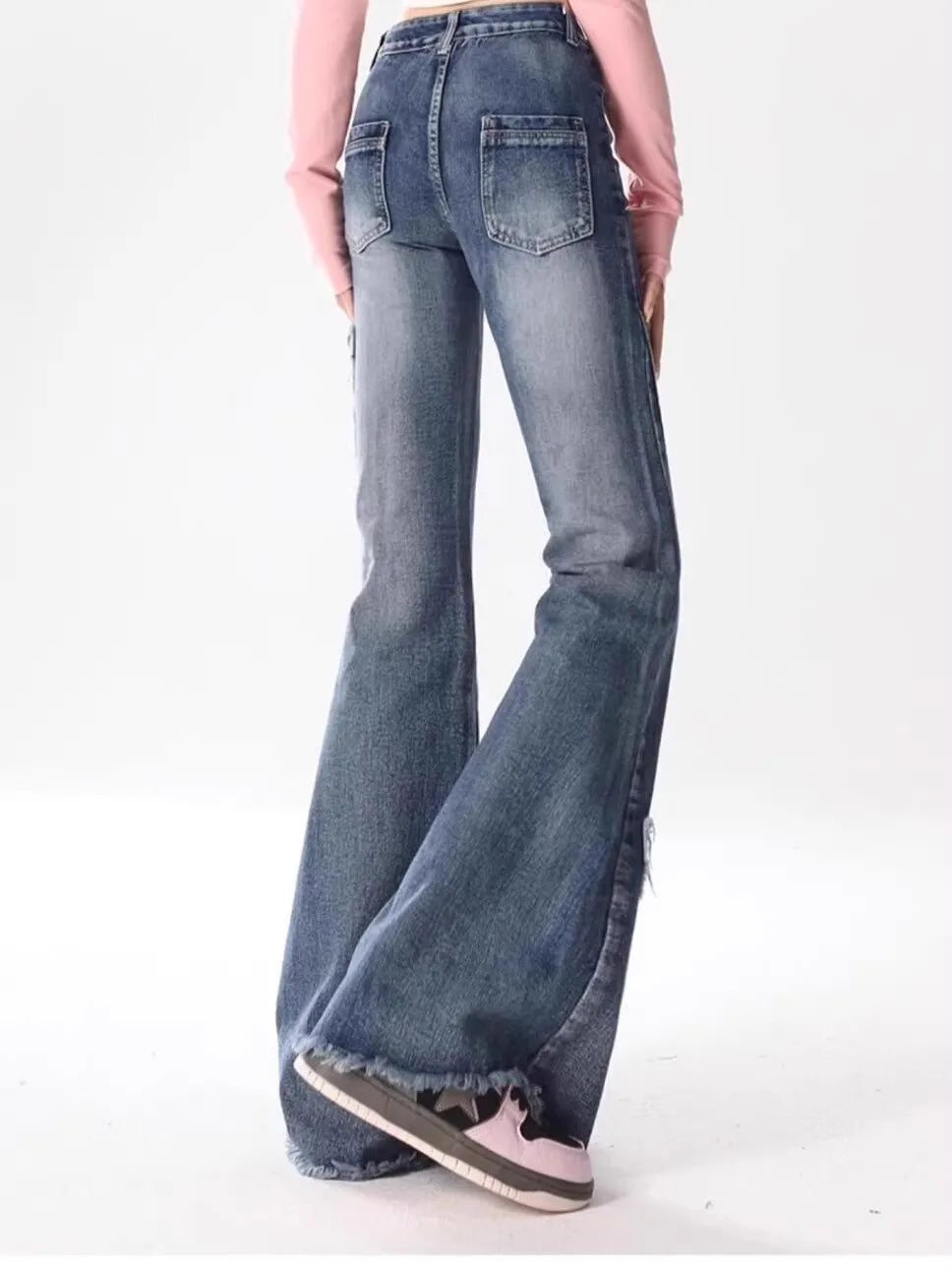 Summer New Vintage  Splicing Micro Flared Denim Jeans Women plus Size High Waist Loose Slimming Frayed Pants
