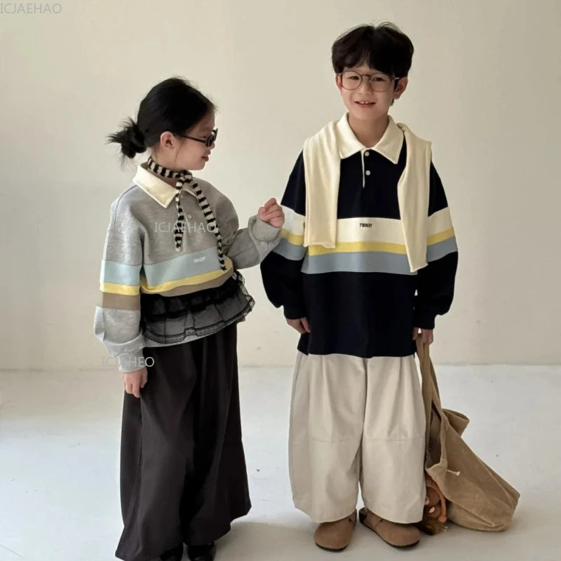 Kids Hoodie Autumn Boys Girls Children Korean Style Wide Stripes Letter Print Casual Loose Pullover Collar Sweatshirt Costume