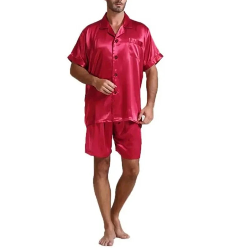 Men's Loose Smooth Skin-friendly Short-sleeved Pajamas Set Solid Color Leisure Home Wear Buttoned Shirts and Shorts 2-piece Suit