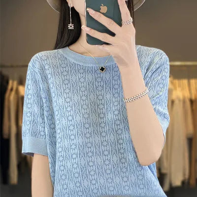 Summer New 100% Pure Cotton Sweater Short sleeved Women's Casual Solid Color Round Neck Pullover Loose Fashion Large Top