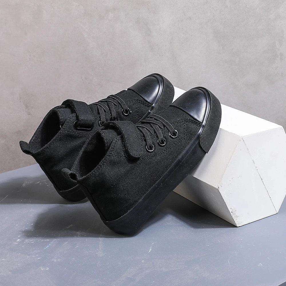 COMFY KIDS Black High-Top Canvas Sneakers, Velcro Strap and Lace-up Shoes for Boys and Girls (Ages 3-12), Comfortable Sports Shoes for Outdoor Play and School