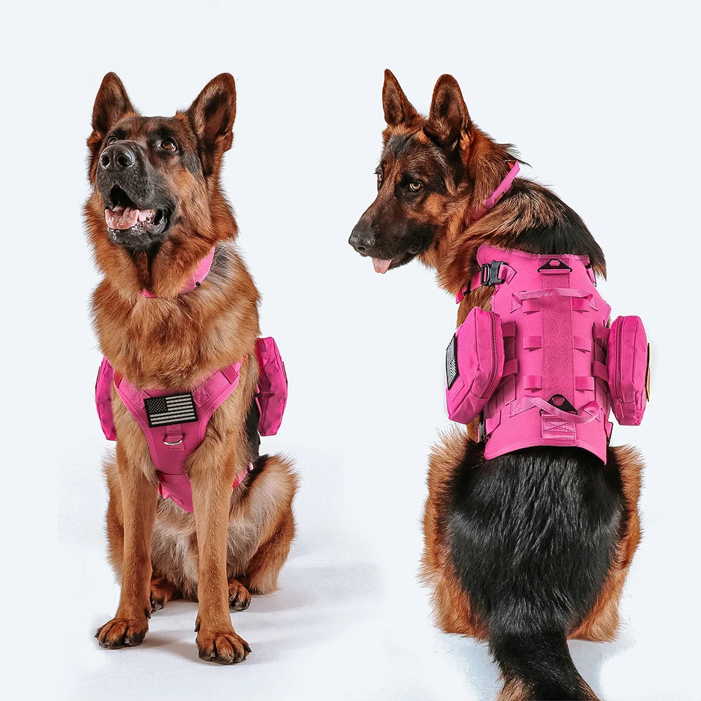 Military Tactical Dog Harness Collar Leash Set with Pouches Flags Durable Pet Harnesses Vest Collars Leashes for Dogs Training