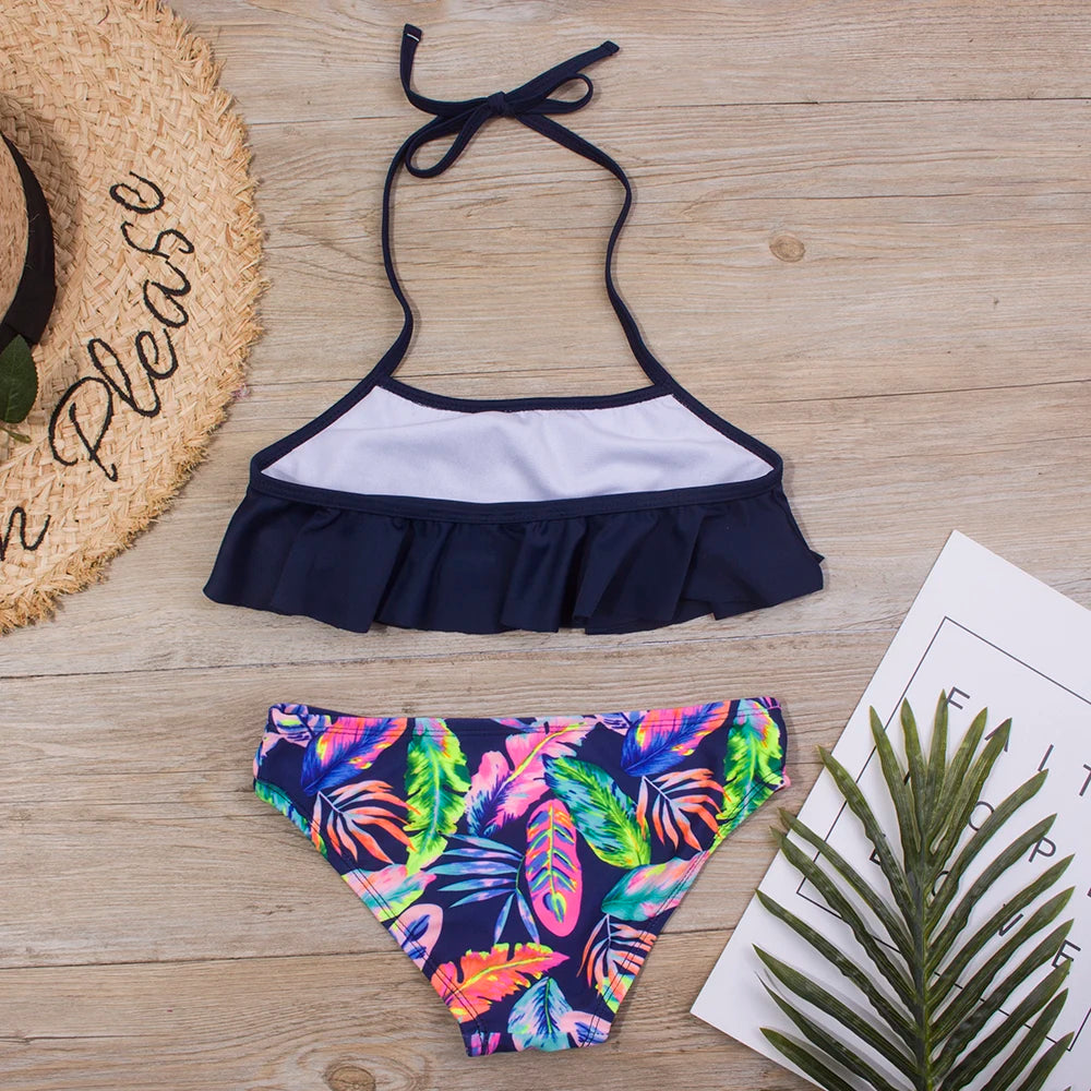 Print Summer Girls Kids Bikinis Set 5-14 Years Ruffle Kids Swimwear Swimsuit Children Bandage Swimming Bathing Suit Beachwear