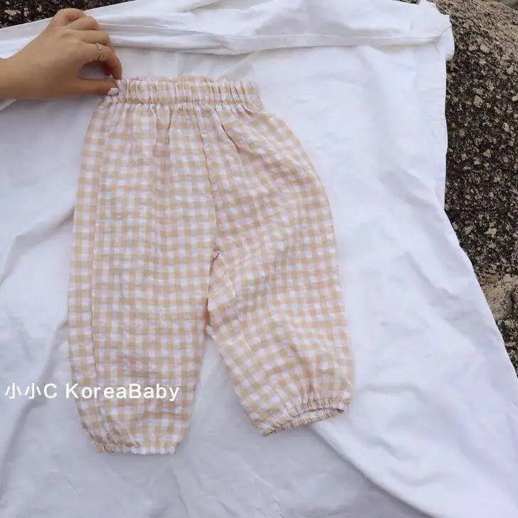 Summer Plaid Mosquito Proof Pants Outdoor Wear Baby Girls New Style Fashion Casual Loose Harlan Pants Children Thin Trousers