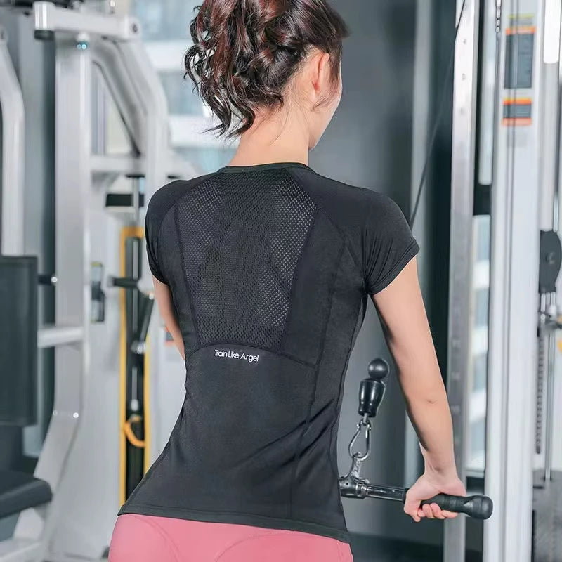 Sports T-Shirt Women Summer Breathable Sexy Beauty Back Fitness Wear Quick Dry Running Training Short Sleeve Yoga Top