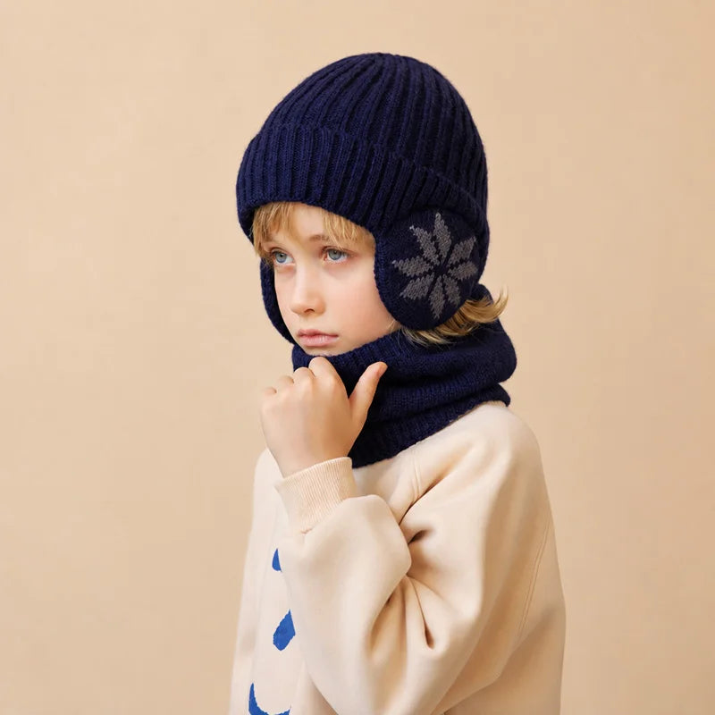 Kids Winter Knitted Hat Scarf Set for Boys Girls 2Pcs Fleece Lined Warm Earflaps Children Beanie Cap Neck Warmer for 4-10Y