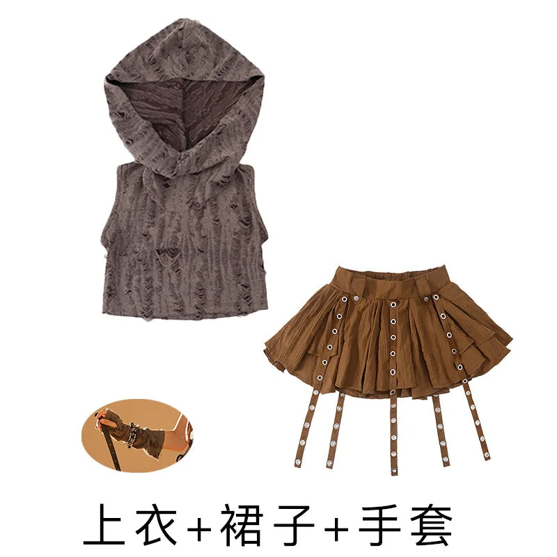 Boys Wasteland Street Dance Knitted Tank Top Skirt Girls Hip Hop Hoodies Clothes Sets Kids Jazz Costume Children Punk Streetwear