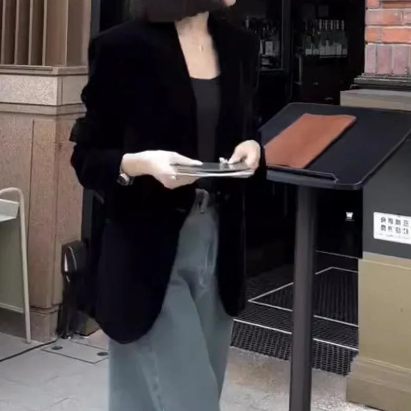 Autumn New Black Velvet Women's Blazer Fashion Long Sleeve Single Button Casual Loose Temperament Suit Top Female Outerwear