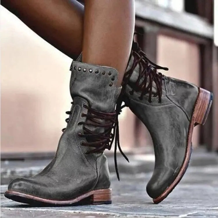 Women's Boots Fashion Casual Leather Boots Designer Mid-Calf Boot Luxury Knight Boots for Women Retro Short Boot Botas De Mujer