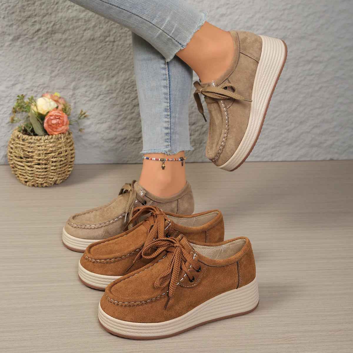 Women's Sports Shoes Spring Autumn Fashion Platform Sneakers Lace-up Round Toe Wedges Casual Comfortable Women's Shoes
