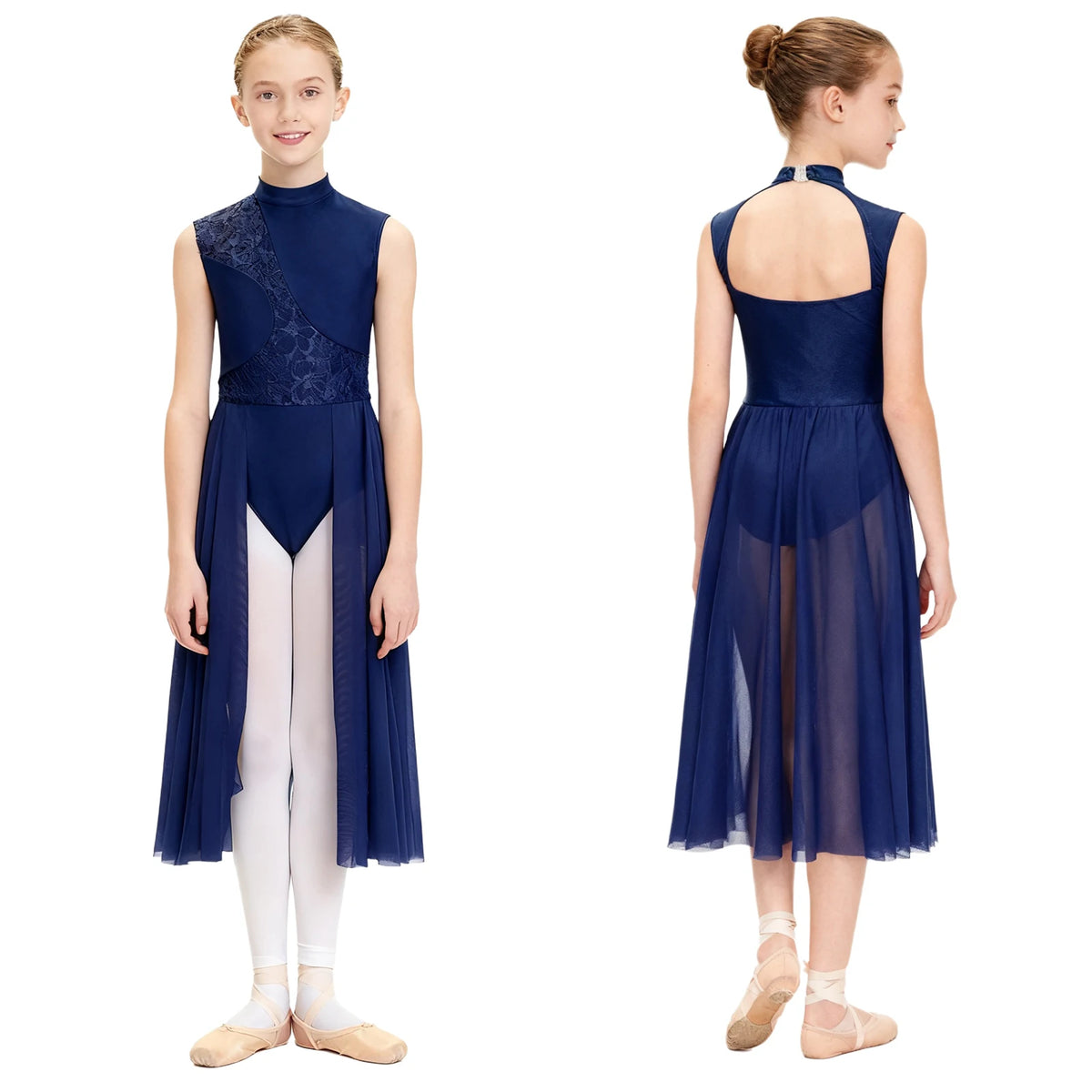 Kids Girls Floral Lace Patchwork Lyrical Ballet Dance Dresses Cutout Back Leotard Dress Dancewear Stage Performance Costume