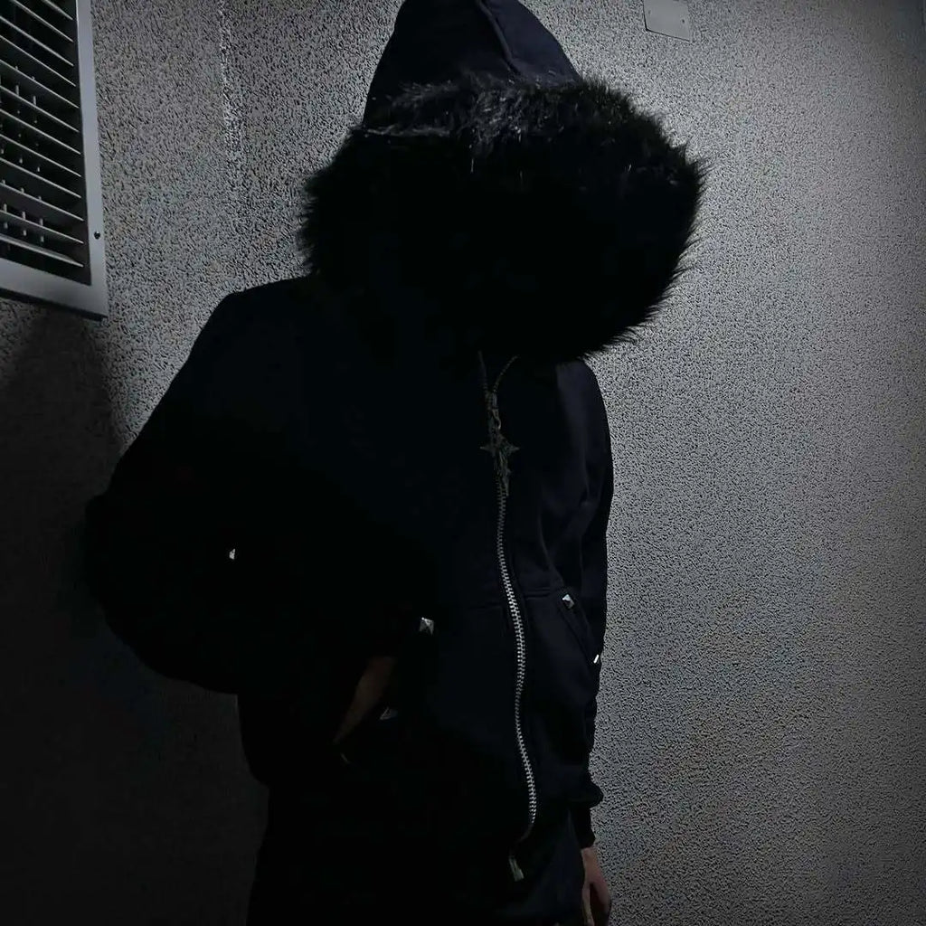European Fluff Hat Sweater Pattern Long-Sleeved Hoodie Retro Coat Street Trend Dark Style Warm Coat for Women Y2K style