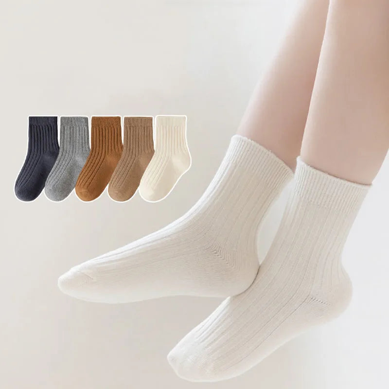 5 Pairs/Lot Children'S Socks Set Solid Color Double Needle Cotton Kids Mid-Tube Socks Candy Color Boys And Girls Student Socks