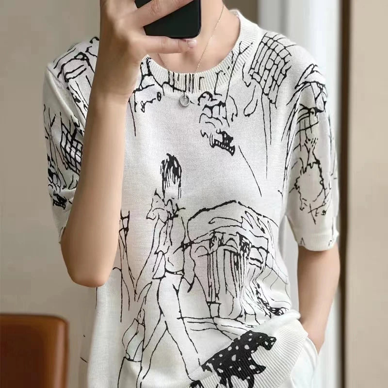 Summer Trendy Fine Imitation Wool Knitted T-Shirt Women's Short-Sleeved Top Graffiti Digital Jacquard Pullover Ladies Sweater