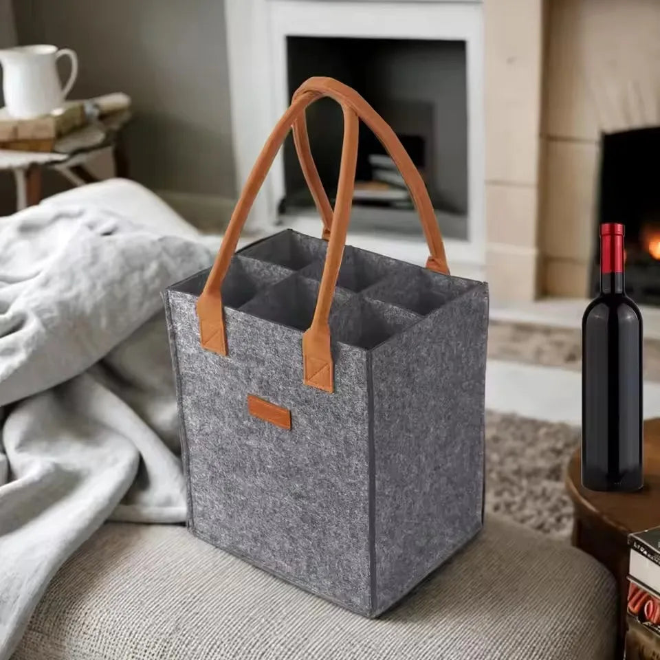 6 Bottle Wine Carrier with Divider Felt Wine Storage Tote Bag Portable Wine Gift Bag Red Wine Storage Box with Handle