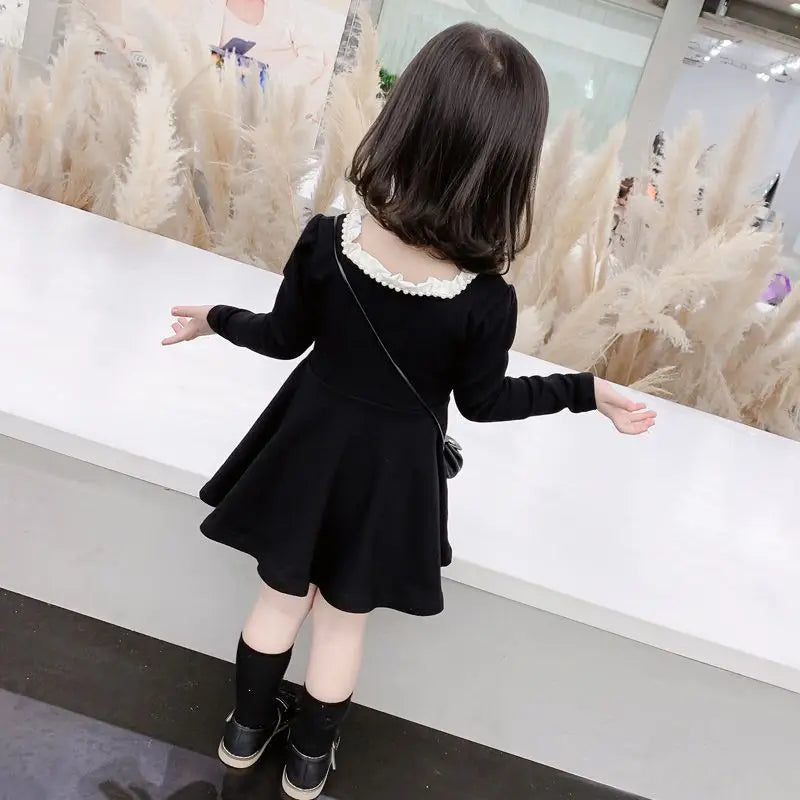 Kids Girls Dress Fashion Long Sleeve Pure Color 2026 New Spring Autumn New Childrens Dress Black Princess Dress
