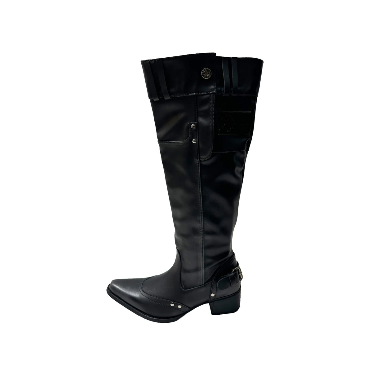 Wrapped Single Boots for Women Spring Summer Pointed Toe Studded Metal Buckle Side Zipper No Knee Block Heel Boots