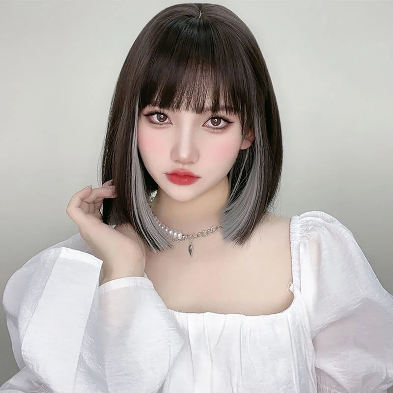 Wig Woman Short Straight Hair Hanging Ears Dyed Collarbone Hair High Temperature Silk Synthetic Fiber Hair Full Head Set