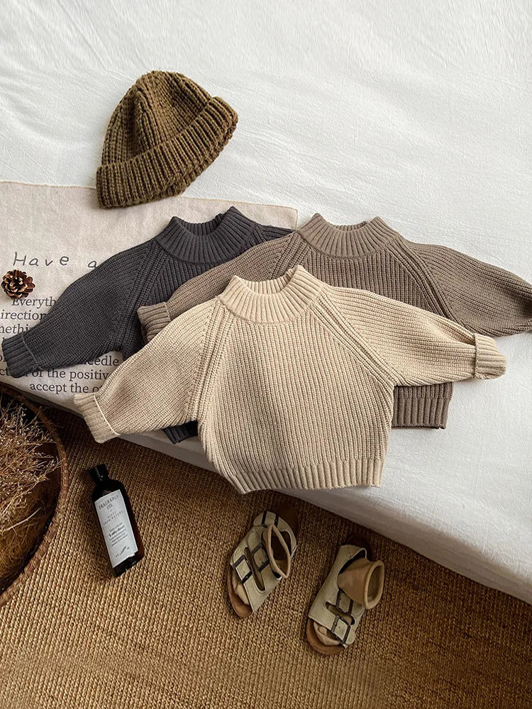 2025 Autumn New Children Sweater Solid Baby Girls Knitted Pullover Kids Boys Casual Vintage Sweater Cotton Toddler Clothes