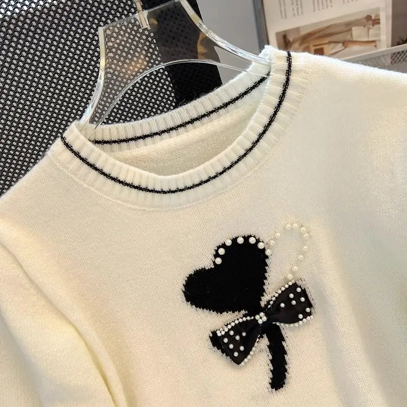 Embroidery Heart Beading Bow Pearl Pullover Short-sleeved T-shirt Female Ice Silk Knit Sweater Summer New Thin Tops Design Coat