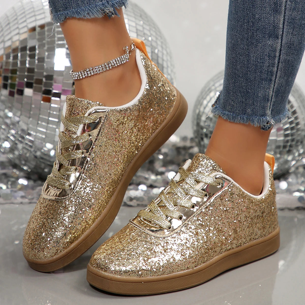 Women's Lace Up Flat Sneakers New Autumn Vulcanized Thick Soled Shoes Bling Casual Fashion Women Sneakers New Zapatos De Mujer