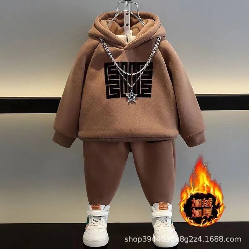 Kids Sweatshirts Sets Winter Children Plus Velvet Thick Warm Suit Boys Girls Hooded Pullover+Pants 2Pcs Cotton Tracksuit Outfits