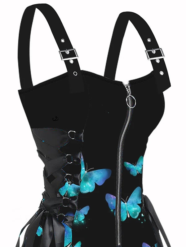 Dressfo 2025 Women's Sexy Sleeveless Dresses Shiny Butterfly Print Lace Up Half Zipper Buckle Strap Mini Dress Vestidos