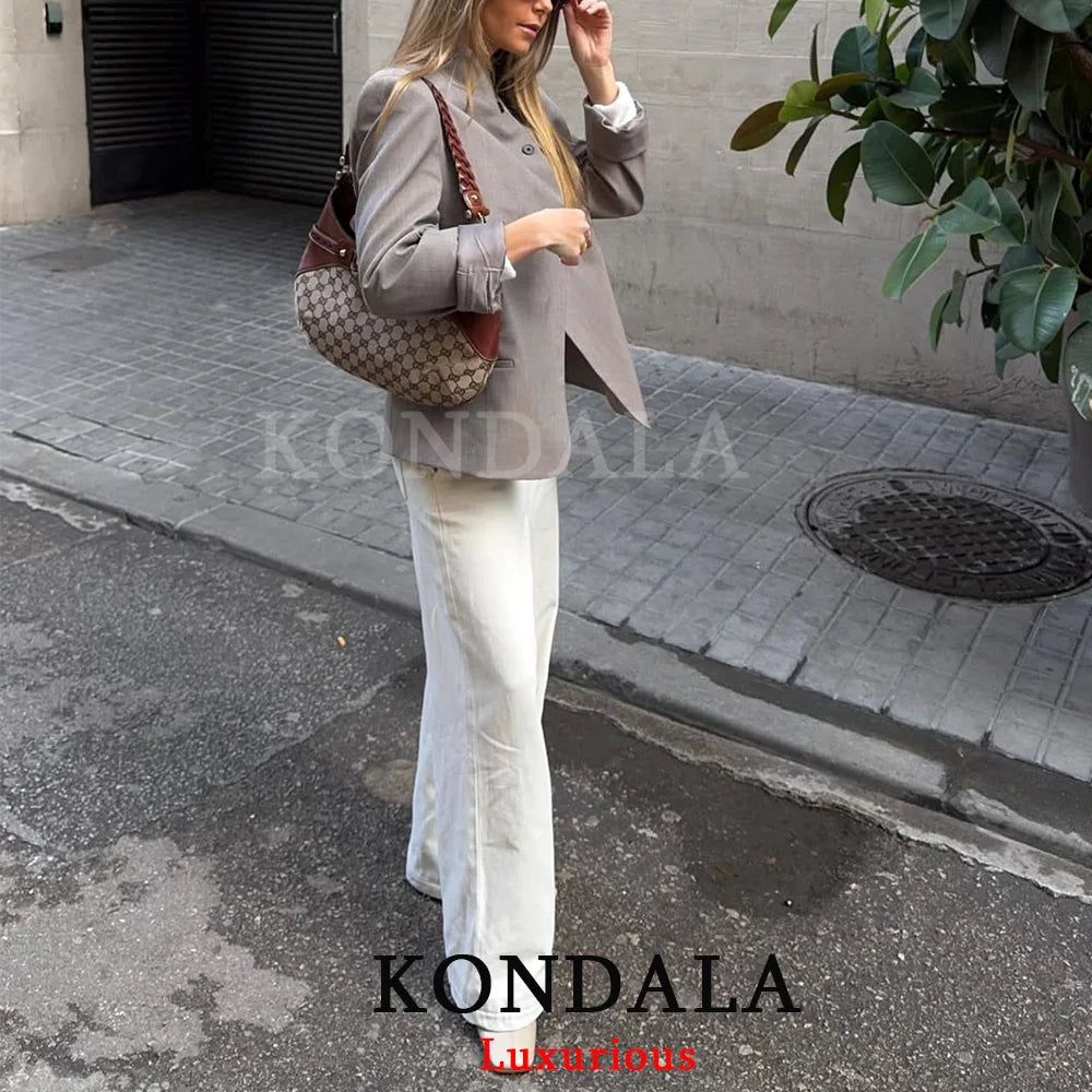 KONDALA Vintage Office Lady Gray Solid Blazer Stand Collar Long Sleeve Loose Blazer Fashion 2026 Spring Summer Casual Blazer