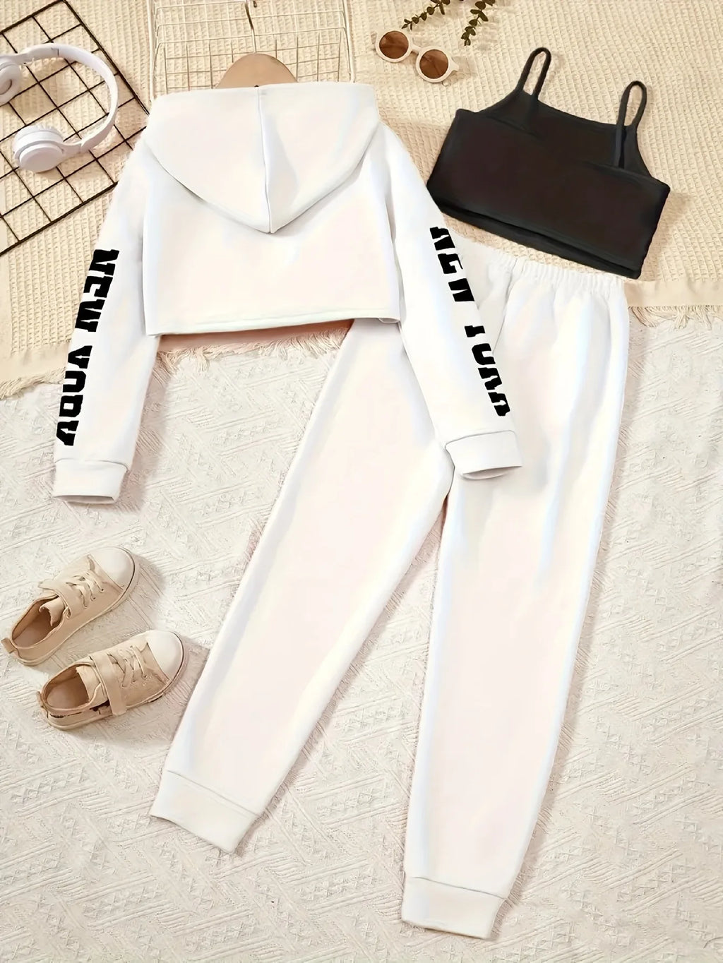 Girls 3-Piece "New York" Outfit - Black Cropped Hoodie, White Cami Top & Jogger Pants Set for Kids