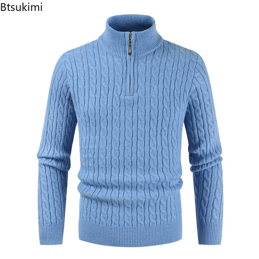 New Men's Warm Knitted Sweaters Standing Neck Zipper Autumn Winter Warm Tops Solid Color Jacquard Long Sleeve Pullovers for Men