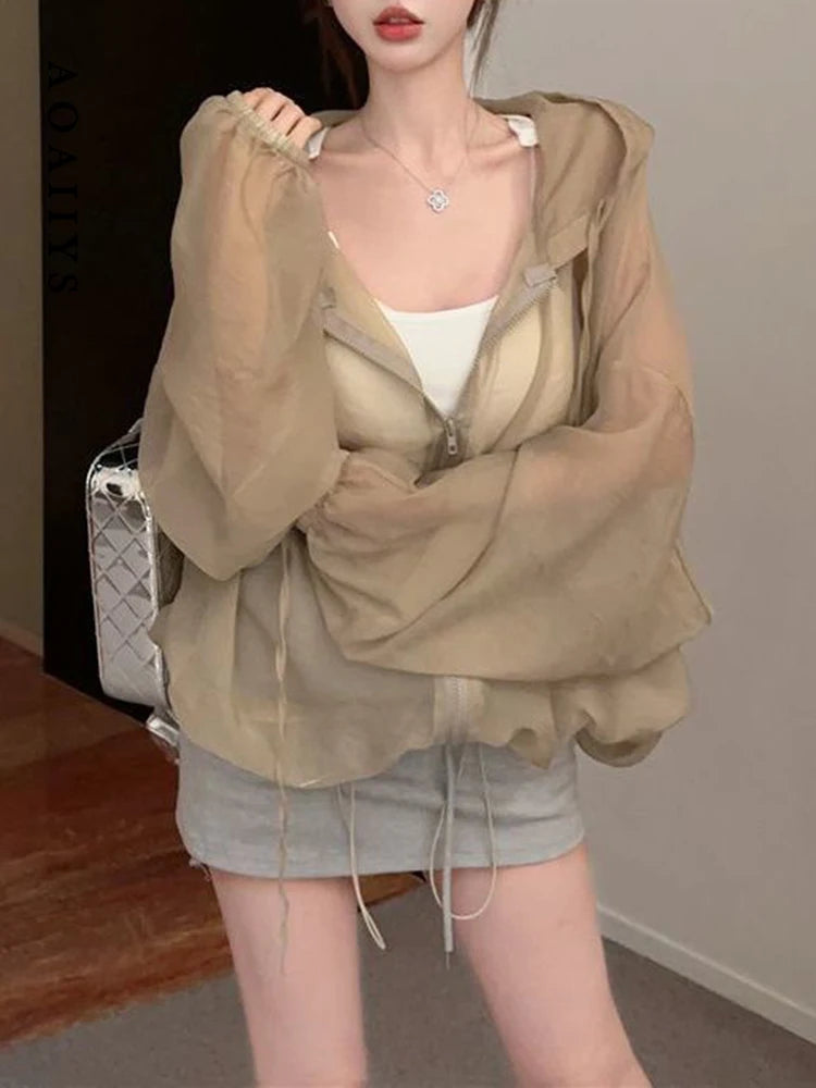 Aoaiiys Thin Coat Women Fashion Casual Sun Protection Jacket Tops See Through Hooded Coats Summer 2026 New Loose Female Tops
