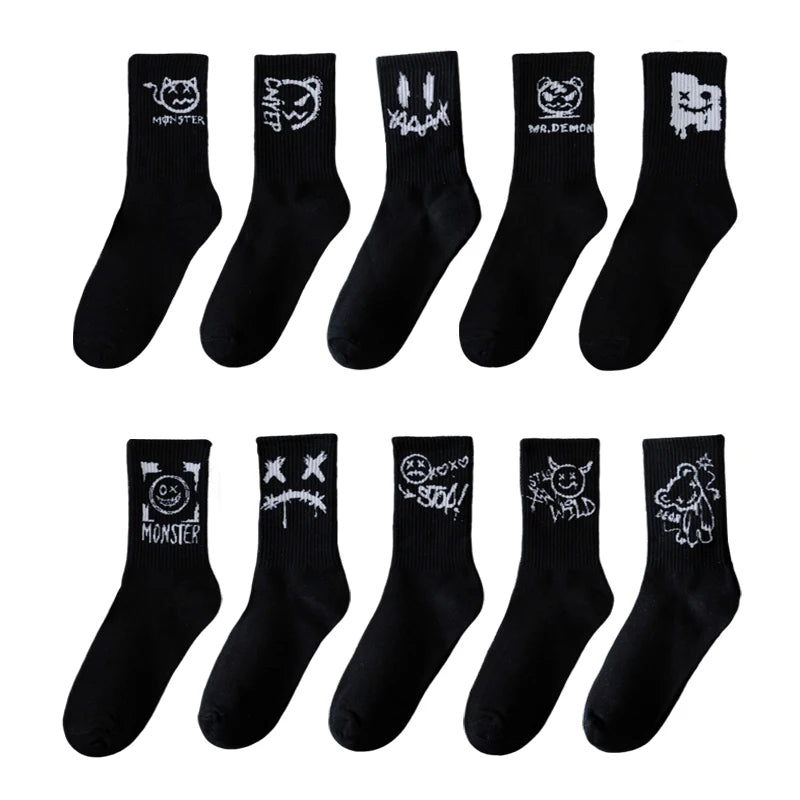 10 Pairs of Men Mid-Length Socks with Graffiti Funny Faces Unique Street Trends Moisture Wicking and Sweat Wicking