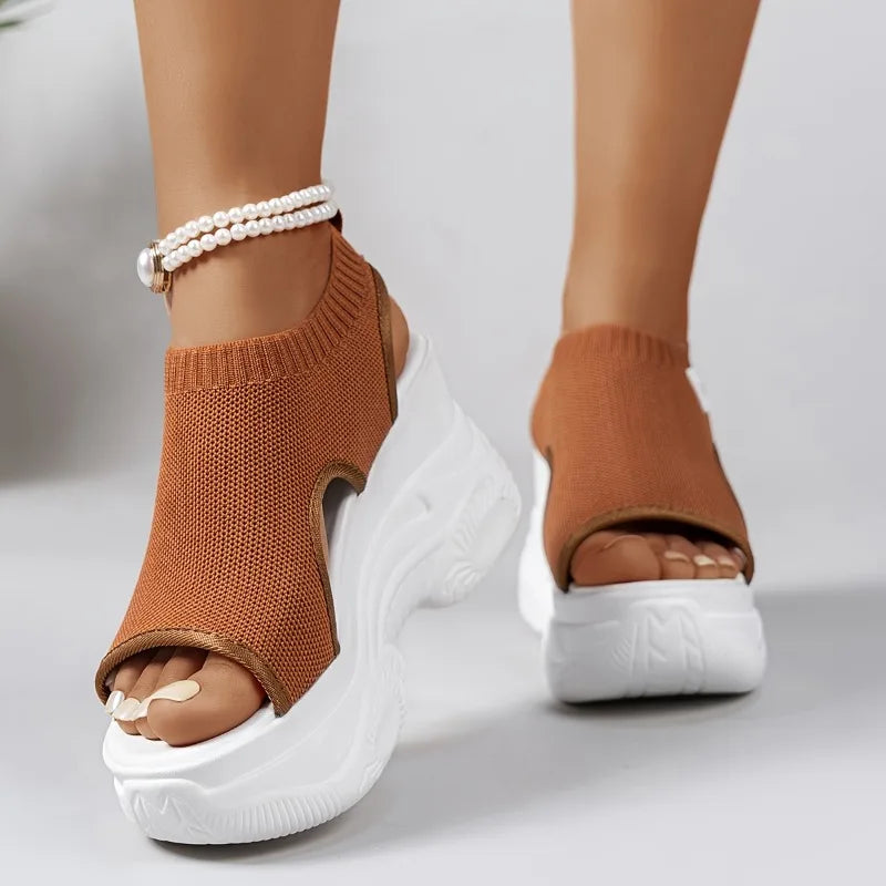 Women Fashion Platform Wedge Sandals Peep Toe Knit Mesh Breathable Lightweight Comfortable Sporty Walking Casual Outdoor Slides