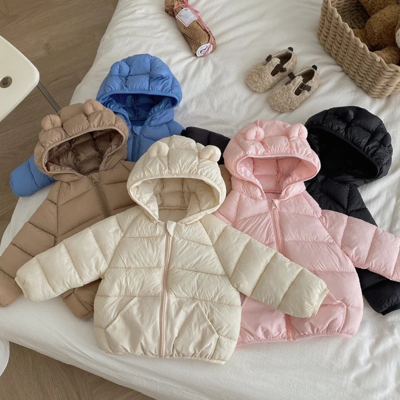 Kids Baby Lightweight Short Down Cotton Jacket Boys Girls Solid Loose Hooded Zipper Coats Autumn Winter Cotton-padded Outerwear