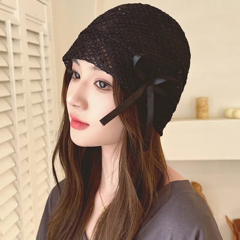 Women's Hat Hollow Bow Solid Color Simple Personalized Versatile Fashionable Pile Caps Girls Elastic Sweet Elegant Lace Y2k Hats