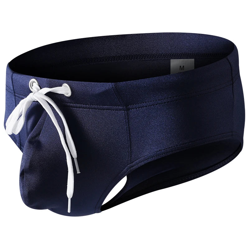 Men's Solid Color Low Waist Swimming Briefs with Tie Rope Quick Dry Double Layer Beach Shorts Anti-Embarrassment Swimwear