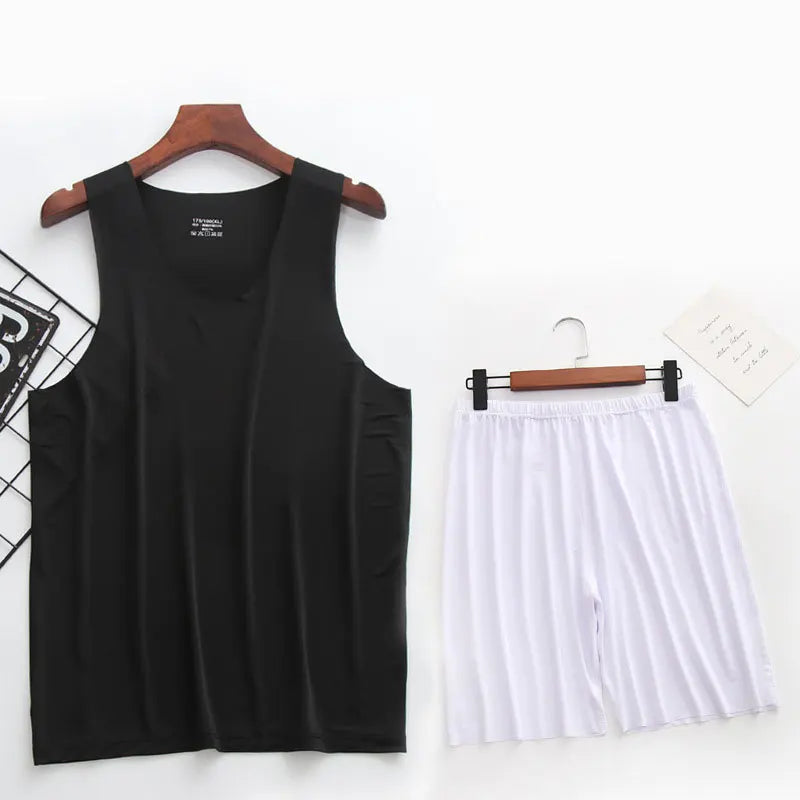 Mens Ice Silk T-Shirt & Short Pants 2Pcs Pijamas Sleep Set Ultra-thin Homewear Clothing Summer Pyjamas Sleepwear Nightwear Suit