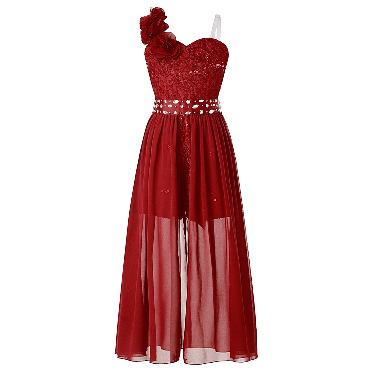 Kids Girls Elegant Party Dress Shiny Sequin Beaded Applique Lace Chiffon Jumpsuit Dress for Wedding Birthday Prom Pageant Evenig