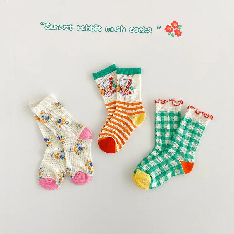 Spring Summer Socks Children Mesh Socks Kids Girls Calf Length Polka Dots Socks 3 Pairs/bag