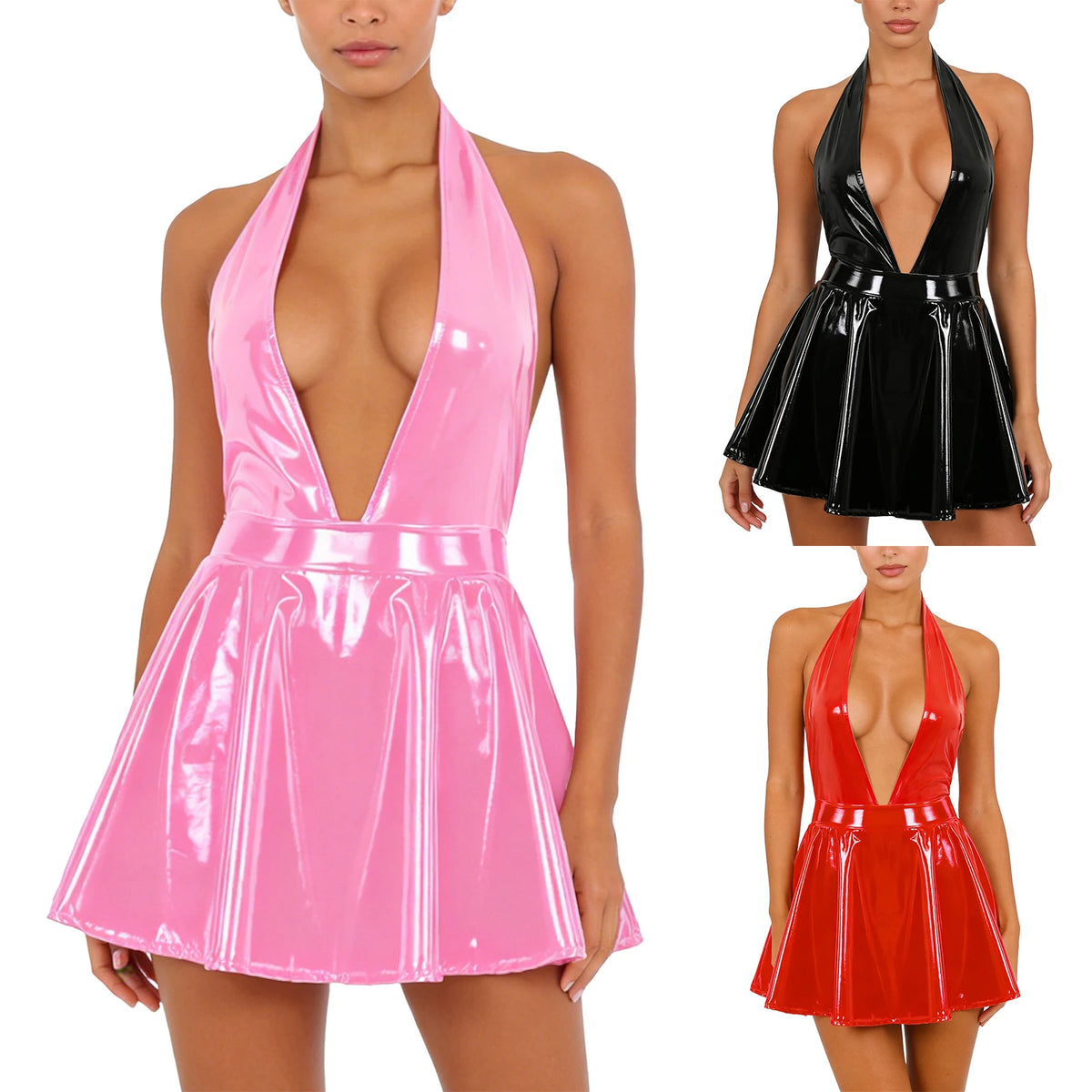 Womens PU Leather Lingerie Outfits Wet Look Halter Deep V Neck Backless Crotchless Bodysuit with Mini Skirt Nightclub Clubwear