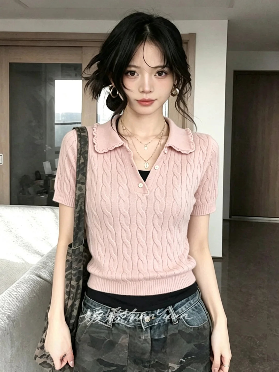 Casual  Ne Knitted Sweater ort Sve Turtlene Pullover Summer Faion Korean Sle Versatile Twisted Flower Design...