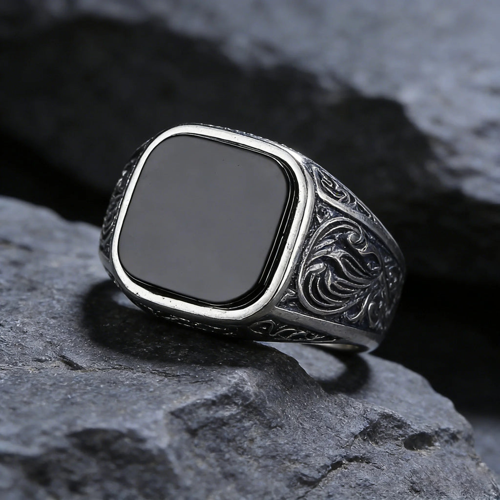 Men‘s Black Onyx Ring, 12x14mm Square Gem Carved Vintage Sterling Silver Band, Bold Gothic Statement Jewelry Gift for Him