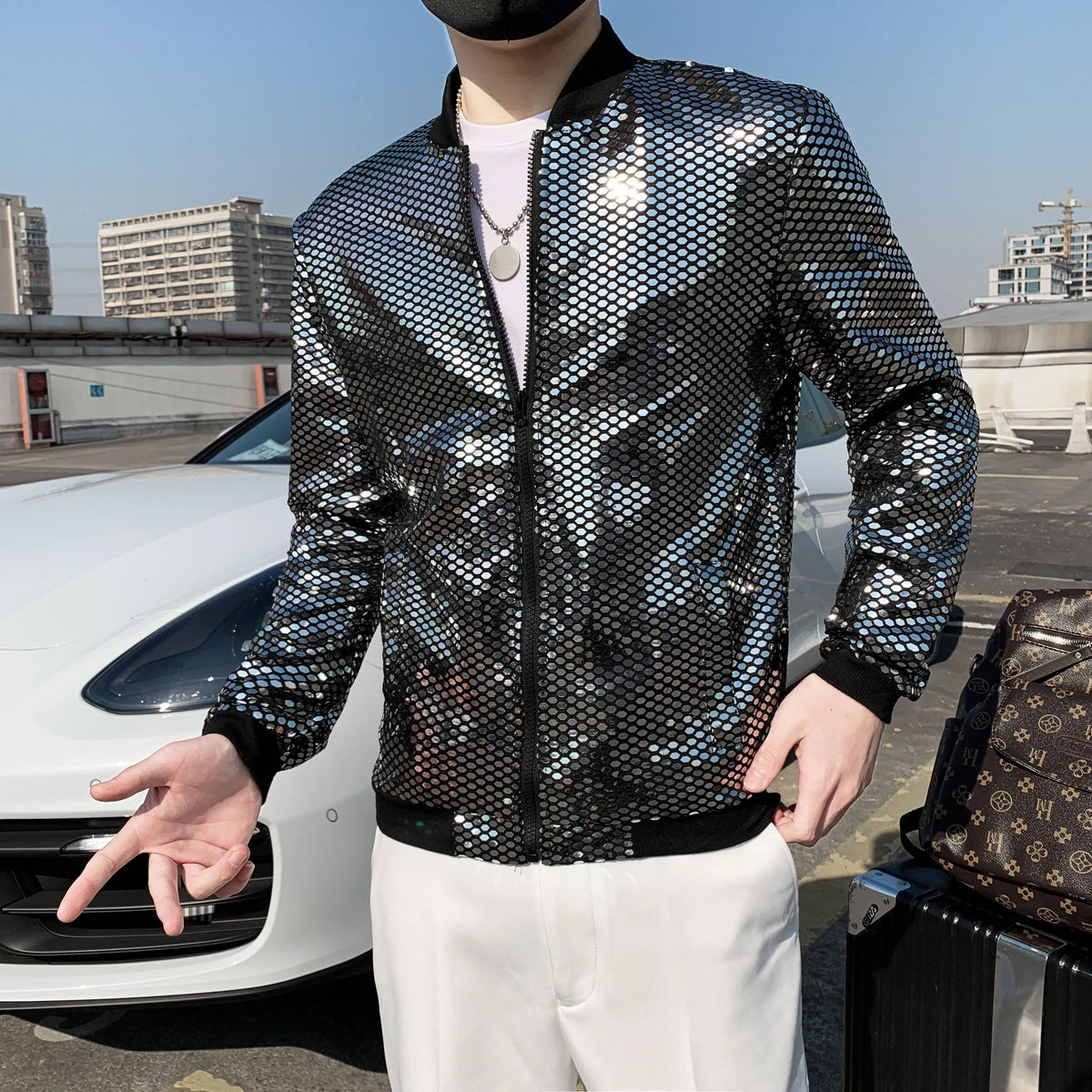 Jas Men's New Diamond Plaid Jackets Men Hip Hop Y2K Bombers Jacket Night Club Stage Streetwear Thin Coat Clothing Veste Homme
