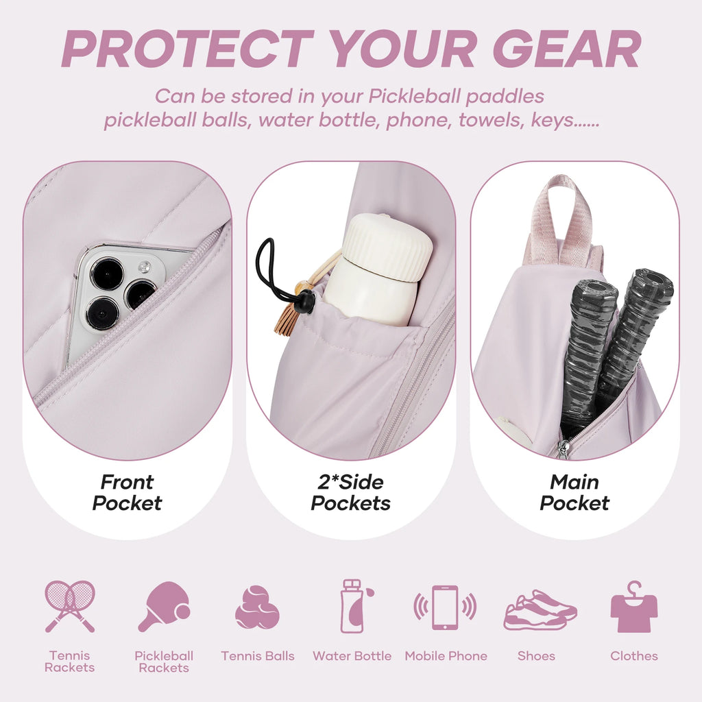 Sports Pickleball Sling Bag Backpack for Gear and Equipment, Waterproof Sport Backpack Holds Paddles, Two Balls, Squash ﻿